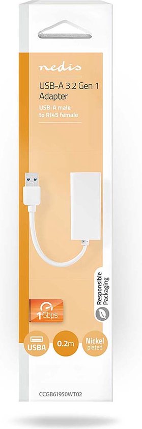 Nedis USB-netwerkadapter - USB 3.2 Gen 1 - 1 Gbps - USB-A Male - RJ45 Female - 0.20 m - Rond - Vernikkeld - Koper - Wit - Doos - afbeelding 4
