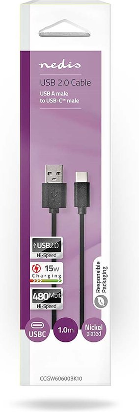 USB-Kabel - USB 2.0 - USB-A Male - USB-C Male - W - 480 Mbps - Vernikkeld - m - Rond - PVC - afbeelding 26