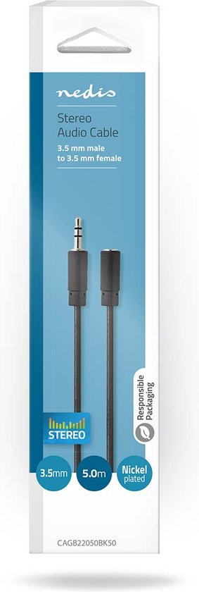 Nedis Stereo-Audiokabel - 3,5 mm Male - 3,5 mm Female - Vernikkeld - 5.00 m - Rond - Zwart - Doos - afbeelding 3