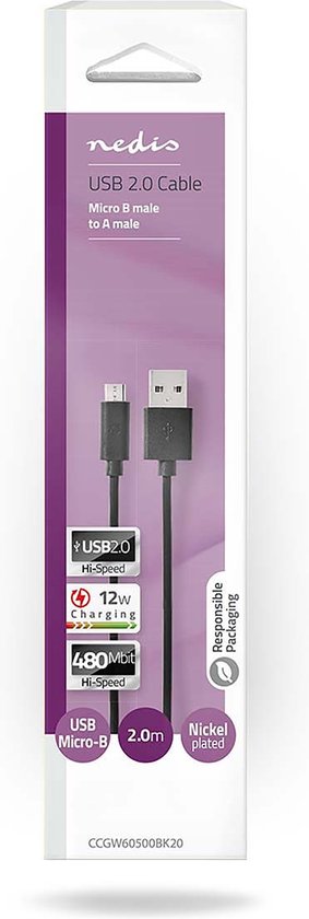 USB-Kabel - USB 2.0 - USB-A Male - USB Micro-B Male - 12 W - 480 Mbps - Vernikkeld - 2.00 m - Rond - PVC - Zwart - Doos - afbeelding 2