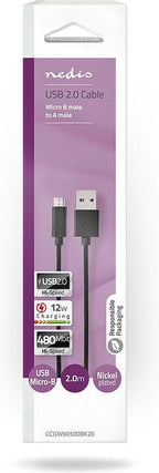 USB-Kabel - USB 2.0 - USB-A Male - USB Micro-B Male - 12 W - 480 Mbps - Vernikkeld - 2.00 m - Rond - PVC - Zwart - Doos - afbeelding 2
