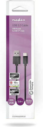 USB-Kabel - USB 2.0 - USB-A Male - USB-C Male - W - 480 Mbps - Vernikkeld - m - Rond - PVC - afbeelding 3