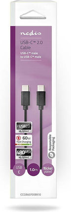 Nedis USB-Kabel - USB 2.0 - USB-C Male - USB-C Male - 60 W - 480 Mbps - Vernikkeld - 1.00 m - Rond - PVC - Zwart - Doos - afbeelding 4