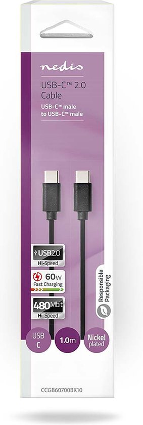Nedis USB-Kabel - USB 2.0 - USB-C Male - USB-C Male - 60 W - 480 Mbps - Vernikkeld - 1.00 m - Rond - PVC - Zwart - Doos - afbeelding 4