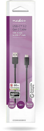 Nedis USB-Kabel - USB 3.2 Gen 2 - USB-A Male - USB-C Male - 60 W - 10 Gbps - Vernikkeld - 1.00 m - Rond - PVC - Zwart - Doos - afbeelding 2