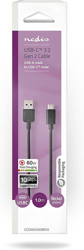 Nedis USB-Kabel - USB 3.2 Gen 2 - USB-A Male - USB-C Male - 60 W - 10 Gbps - Vernikkeld - 1.00 m - Rond - PVC - Zwart - Doos - afbeelding 2