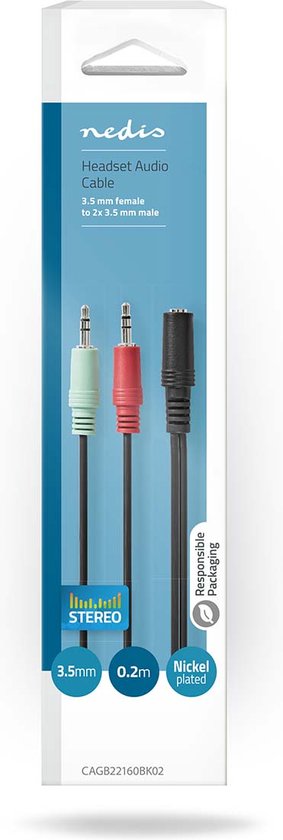 Nedis Stereo-Audiokabel - 3,5 mm Female - 2x 3,5 mm Male - Vernikkeld - 0.20 m - Rond - Zwart - Doos - afbeelding 4