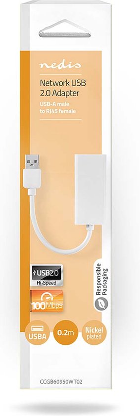 Nedis USB-netwerkadapter - USB 2.0 - 100 Mbps - USB-A Male - RJ45 Female - 0.20 m - Rond - Verguld / Vernikkeld - Koper - Wit - Doos - afbeelding 3
