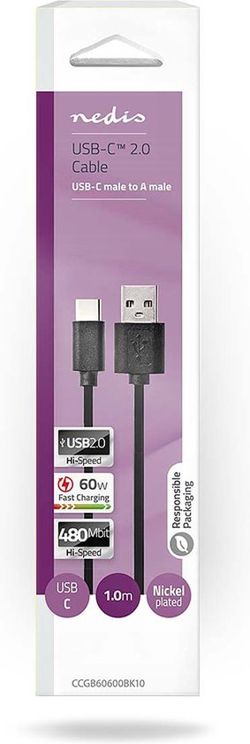 USB-Kabel - USB 2.0 - USB-A Male - USB-C Male - W - 480 Mbps - Vernikkeld - m - Rond - PVC - afbeelding 15