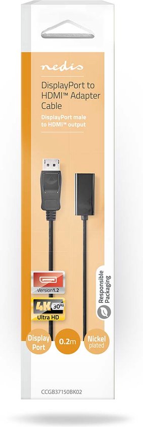 Nedis DisplayPort-Kabel - DisplayPort Male - HDMI Output - 4K@30Hz - Vernikkeld - 0.20 m - Rond - PVC - Zwart - Doos - afbeelding 3