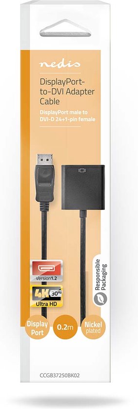 Nedis DisplayPort-Adapter - DisplayPort Male - DVI-D 24+1-Pins Female - 1080p@60Hz - Vernikkeld - Recht - 0.20 m - Rond - PVC - ABS - Zwart - Doos - afbeelding 3