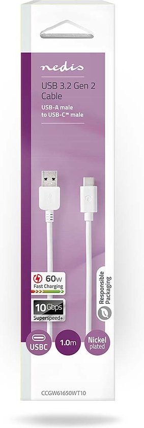 Nedis USB-Kabel - USB 3.2 Gen 2 - USB-A Male - USB-C Male - 60 W - 10 Gbps - Vernikkeld - 1.00 m - Rond - PVC - Wit - Doos - afbeelding 2