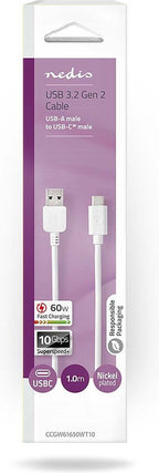 Nedis USB-Kabel - USB 3.2 Gen 2 - USB-A Male - USB-C Male - 60 W - 10 Gbps - Vernikkeld - 1.00 m - Rond - PVC - Wit - Doos - afbeelding 2