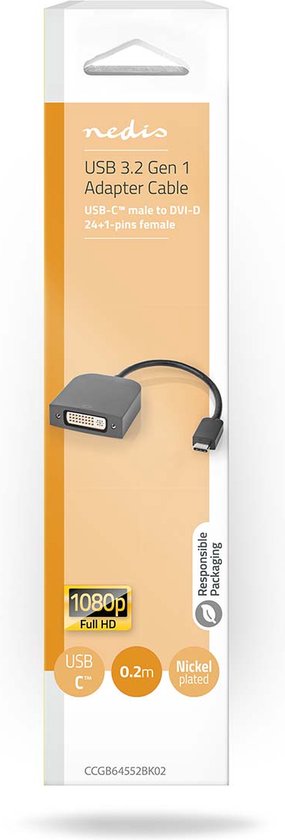 Nedis USB-C Adapter - USB 3.2 Gen 1 - USB-C Male - DVI-D 24+1-Pins Female - 1080p - 0.20 m - Rond - Vernikkeld - PVC - Zwart - Doos - afbeelding 1