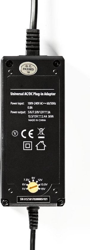 Nedis Universele AC-Stroomadapter - 36 W - 5 / 6 / 7.5 / 9 / 12 / 13.5 / 15 V DC - 3.60 m - 2.4 - 3.0 A - 6 plug(s) - Zwart - afbeelding 7