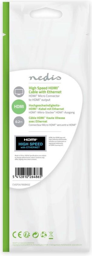 Nedis High Speed ​​HDMI-Kabel met Ethernet - HDMI Micro-Connector - HDMI Output - 4K@30Hz - 10.2 Gbps - 0.20 m - Rond - PVC - Zwart - Envelop - afbeelding 6