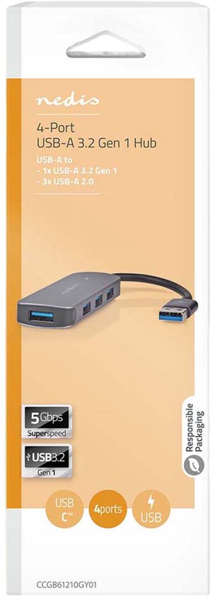 Nedis USB-Hub - USB-A Male - 4x USB A Female - 4-Poorts poort(en) - USB 2.0 / USB 3.2 Gen 1 - USB Gevoed - afbeelding 3