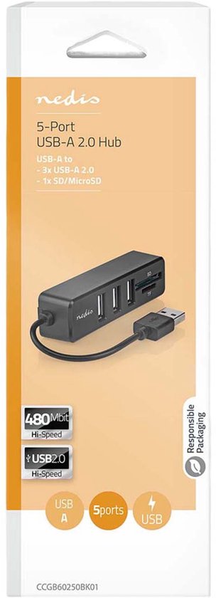 Nedis USB-Hub - 1x USB-A - 3x USB A Female - 5-Poorts poort(en) - USB 2.0 - USB Gevoed - SD & MicroSD - afbeelding 13
