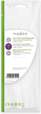 Nedis 2-in-1-Kabel - USB 2.0 - USB-A Male - USB Micro-B Male / USB-C Male - 480 Mbps - 1.00 m - Vernikkeld - Rond - PVC - Zwart - Blister - afbeelding 2