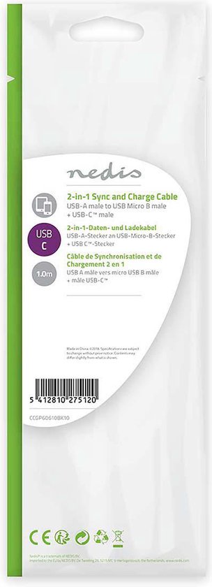Nedis 2-in-1-Kabel - USB 2.0 - USB-A Male - USB Micro-B Male / USB-C Male - 480 Mbps - 1.00 m - Vernikkeld - Rond - PVC - Zwart - Blister - afbeelding 2