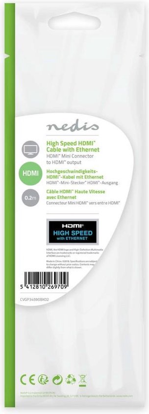 Nedis High Speed ​​HDMI-Kabel met Ethernet - HDMI Mini-Connector - HDMI Output - 4K@30Hz - 10.2 Gbps - 0.20 m - Rond - PVC - Zwart - Envelop - afbeelding 6