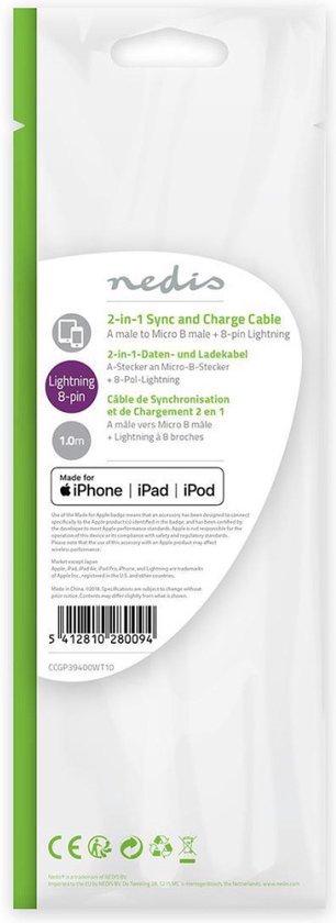 Nedis 2-in-1-Kabel - USB 2.0 - USB-A Male - Apple Lightning 8-Pins / USB Micro-B Male - 480 Mbps - 1.00 m - Vernikkeld - Rond - PVC - Wit - Polybag - afbeelding 5