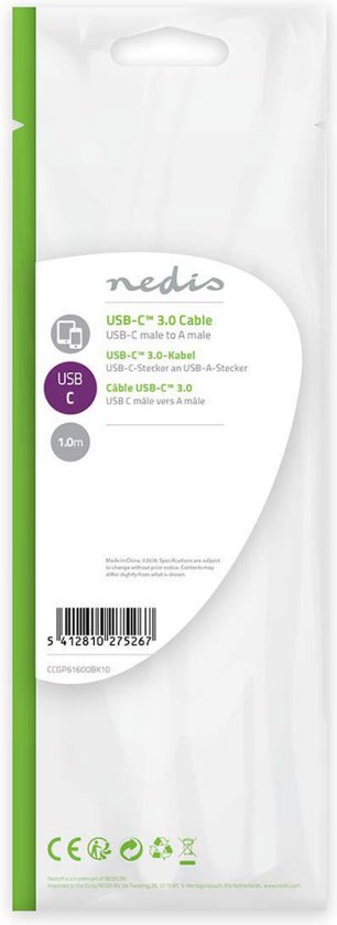 Nedis USB-Kabel - USB 3.2 Gen 1 - USB-A Male - USB-C Male - 15 W - 5 Gbps - Vernikkeld - 1.00 m - Rond - PVC - Zwart - Label - afbeelding 8