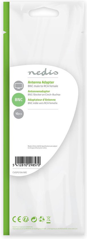 Nedis BNC-Adapter - BNC Male - RCA Female - Vernikkeld - 50 Ohm - Recht - Metaal - Zilver - 10 Stuks - Envelop - afbeelding 5