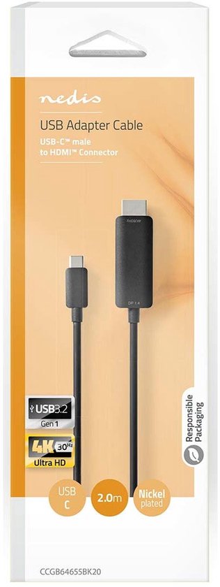 Nedis USB-C Adapter - USB 3.2 Gen 1 - USB-C Male - HDMI Connector - 4K@60Hz - 2.00 m - Rond - Vernikkeld - PVC - Zwart - Doos - afbeelding 6