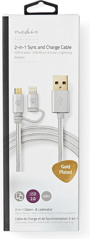Nedis 2-in-1-Kabel - USB 2.0 - USB-A Male - Apple Lightning 8-Pins / USB Micro-B Male - 480 Mbps - 2.00 m - Verguld - Rond - Gevlochten - Aluminium - Cover Window Box - afbeelding 5