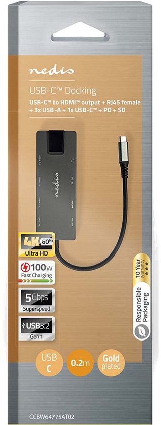 Nedis USB Multi-Port Adapter - 10-in-1 - USB 3.2 Gen 1 - USB-C Male - HDMI Output / RJ45 Female / SD / 2x USB-C / 3,5 mm Female / 3x USB-A Female - 5 Gbps - 0.20 m - Rond - Verguld - PVC - afbeelding 7