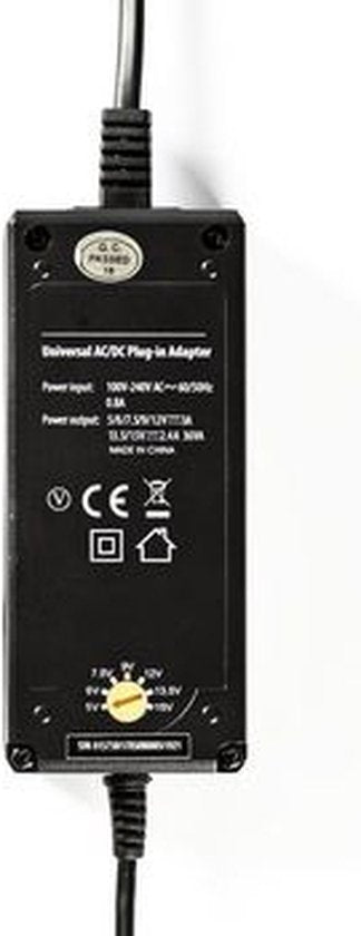 Nedis Universele AC-Stroomadapter - 36 W - 5 / 6 / 7.5 / 9 / 12 / 13.5 / 15 V DC - 3.60 m - 2.4 - 3.0 A - 6 plug(s) - Zwart - afbeelding 11