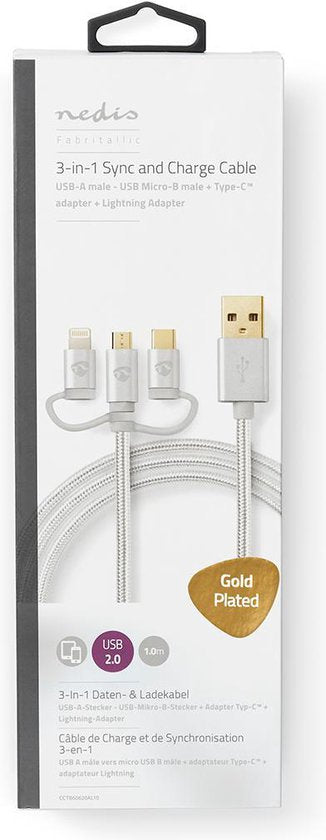 Nedis 3-in-1-Kabel - USB 2.0 - USB-A Male - Apple Lightning 8-Pins / USB Micro-B Male / USB-C Male - 480 Mbps - 1.00 m - Verguld - Rond - PVC - Aluminium - Cover Window Box - afbeelding 6