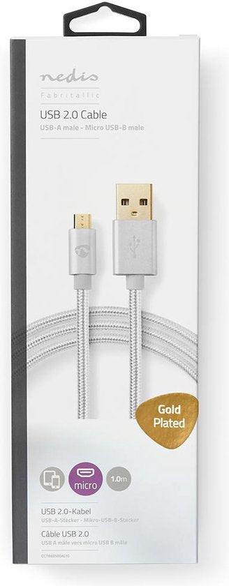 Nedis USB-Kabel - USB 2.0 - USB-A Male - USB Micro-B Male - 15 W - 480 Mbps - Verguld - 1.00 m - Rond - Gevlochten / Nylon - Aluminium - Cover Window Box - afbeelding 5