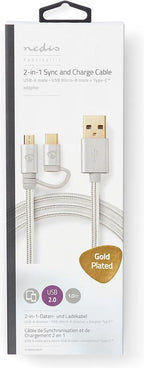 2-in-1-Kabel - USB 2.0 - USB-A Male - USB-C Male - 480 Mbps - 1.00 m - Verguld - Rond - Gevlochten - Aluminium - Cover Window Box - afbeelding 6