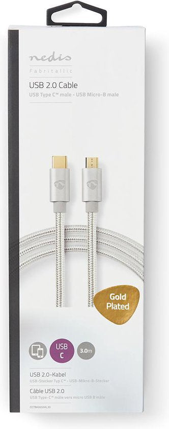 Nedis USB-Kabel - USB 2.0 - USB-C Male - USB Micro-B Male - 10 W - 480 Mbps - Verguld - 3.00 m - Rond - Gevlochten / Nylon - Aluminium - Cover Window Box - afbeelding 5