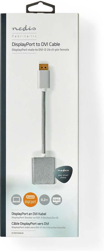 Nedis DisplayPort-Kabel - DisplayPort Male - DVI-D 24+1-Pins Female - 1080p - Verguld - 0.20 m - Rond - Gevlochten - Zilver - Cover Window Box - afbeelding 5