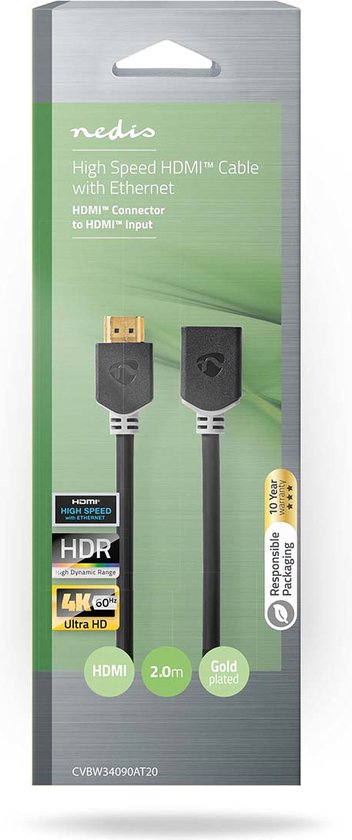 Nedis High Speed ​​HDMI-Kabel met Ethernet - HDMI Connector - HDMI Output - 4K@60Hz - ARC - 18 Gbps - 2.00 m - Rond - PVC - Antraciet - Doos - afbeelding 4