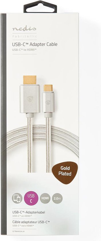 Nedis USB-C Adapter - USB 3.2 Gen 1 - USB-C Male - HDMI Connector - 4K@60Hz - 18 Gbps - 2.00 m - Rond - Verguld - Gevlochten / Nylon - Aluminium - Cover Window Box - afbeelding 5