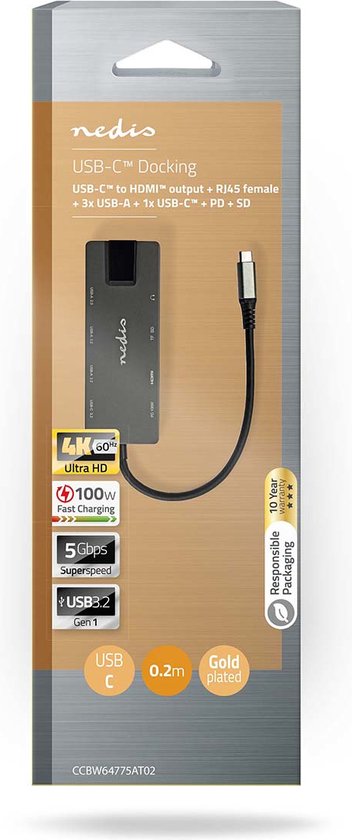 Nedis USB Multi-Port Adapter - 10-in-1 - USB 3.2 Gen 1 - USB-C Male - HDMI Output / RJ45 Female / SD / 2x USB-C / 3,5 mm Female / 3x USB-A Female - 5 Gbps - 0.20 m - Rond - Verguld - PVC - afbeelding 2