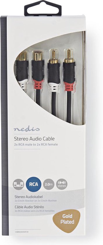 Nedis Stereo-Audiokabel - 2x RCA Male - 2x RCA Female - Verguld - 2.00 m - Rond - Antraciet - Doos - afbeelding 4