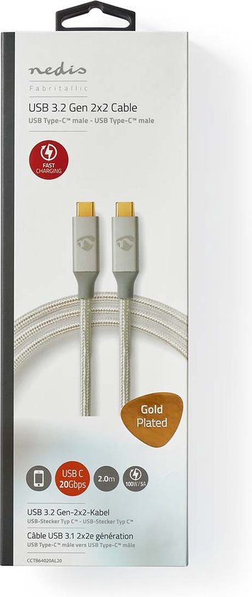 Nedis USB-Kabel - USB 3.2 Gen 2x2 - USB-C Male - USB-C Male - 100 W - 4K@60Hz - 20 Gbps - Verguld - 2.00 m - Rond - Gevlochten / Nylon - Zilver - Cover Window Box - afbeelding 2