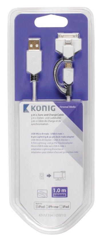 Konig USB 2.0 A Male naar USB 2.0 Micro Male;Apple Lightning;Apple 30-pin - 1 m - afbeelding 3