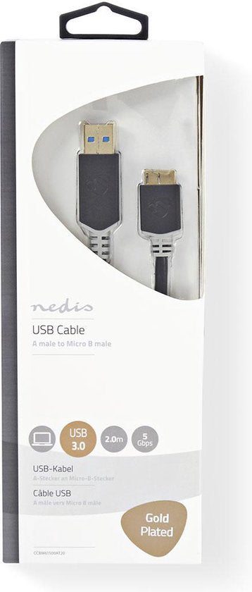 Nedis USB-Kabel - USB 3.2 Gen 1 - USB-A Male - USB Micro-B Male - 5 Gbps - Verguld - 2.00 m - Rond - PVC - Antraciet - Doos - afbeelding 2