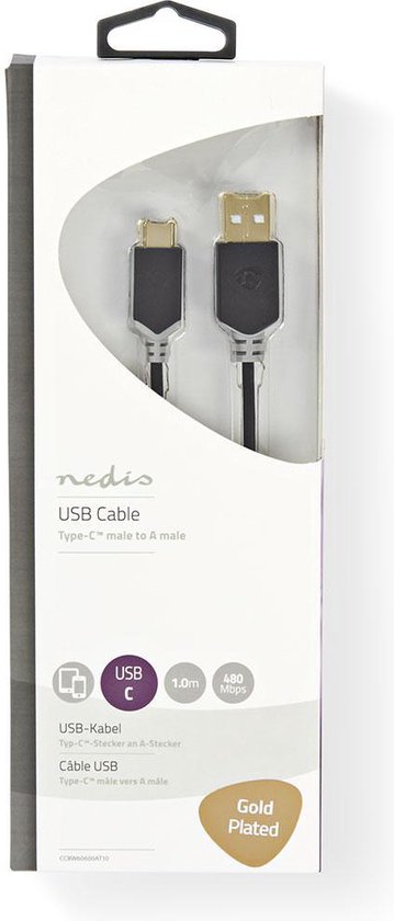 Kabel USB 2.0 | Type-C male - A male | 1,0 m | Antraciet - afbeelding 6
