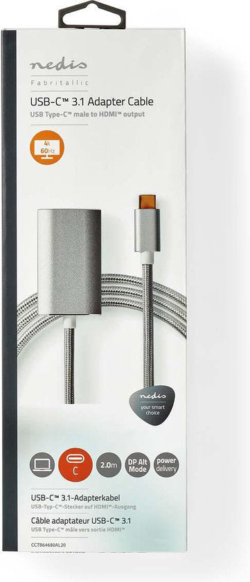 Nedis USB-C Adapter - USB 3.2 Gen 1 - USB-C Male - HDMI Output - 4K@60Hz - Power delivery - 2.00 m - Rond - Verguld - Gevlochten / Nylon - Zilver - Cover Window Box - afbeelding 4