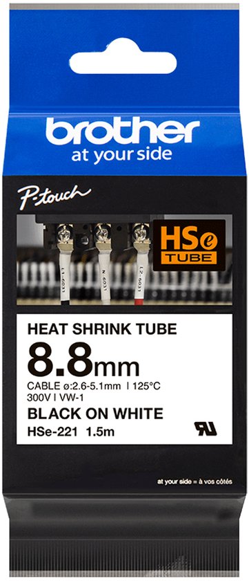 Brother HSe-221 Labeltape krimpkous Tapekleur: Wit Tekstkleur: Zwart 8.8 mm 1.5 m - afbeelding 3
