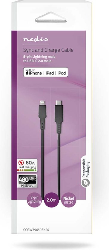Nedis Lightning Kabel - USB 2.0 - Apple Lightning 8-Pins - USB-C Male - 480 Mbps - Vernikkeld - 2.00 m - Rond - PVC - Zwart - Doos - afbeelding 3