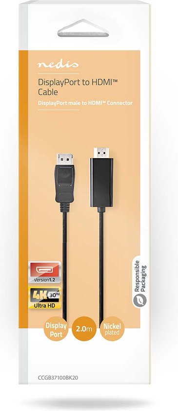 Nedis DisplayPort-Kabel - DisplayPort Male - HDMI Connector - 4K@30Hz - Vernikkeld - 2.00 m - Rond - PVC - Zwart - Doos - afbeelding 4