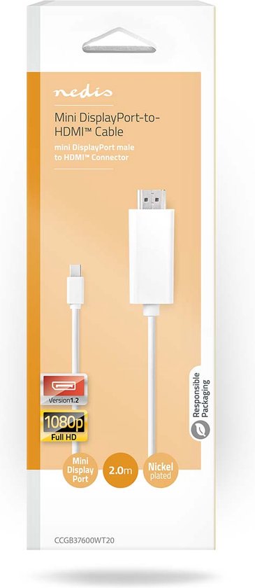 Nedis Mini DisplayPort-Kabel - DisplayPort 1.2 - Mini-DisplayPort Male - HDMI Connector - 21.6 Gbps - Vernikkeld - 2.00 m - Rond - PVC - Wit - Doos - afbeelding 3